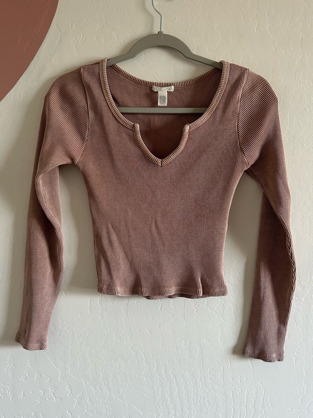 Full Tilt Ribbed Long-Sleeve Notch-Neck Top - Mauve or Earthy Pink